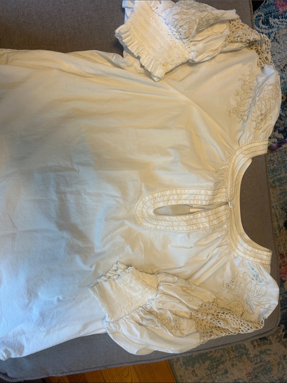 Anthropologie Cream Peasant Top with Pom Trim